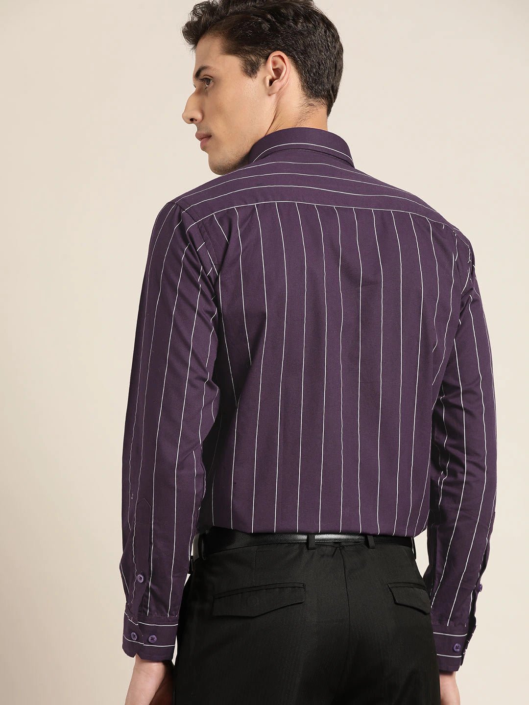 Men Wine Stripes Pure Cotton Slim Fit Formal Shirt - #folk republic#