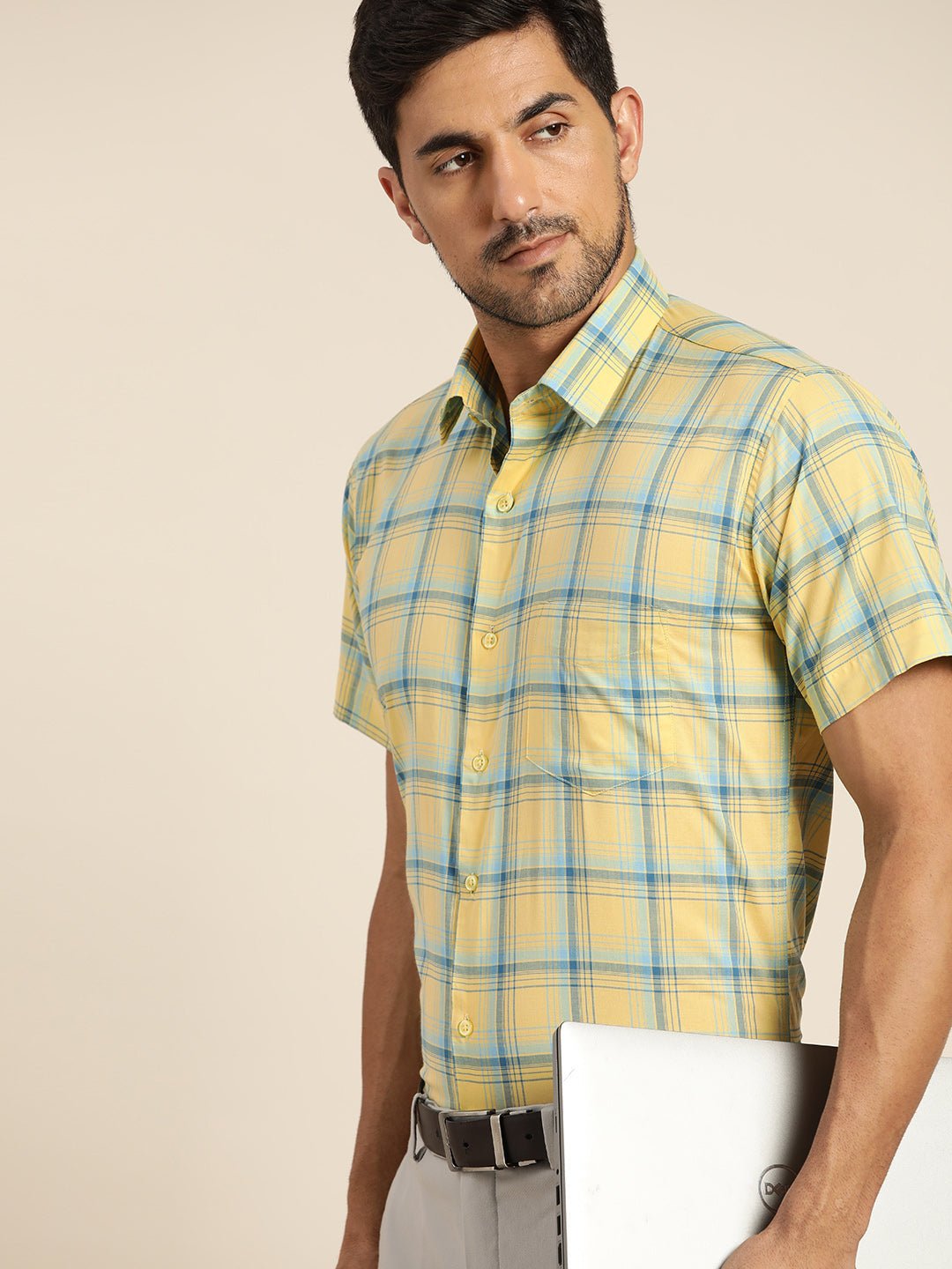 Men Yellow & Blue Checked Pure Cotton Slim Fit Formal Shirt - #folk republic#