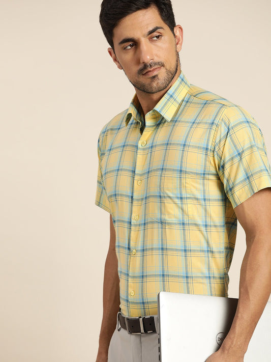 Men Yellow & Blue Checked Pure Cotton Slim Fit Formal Shirt - #folk republic#