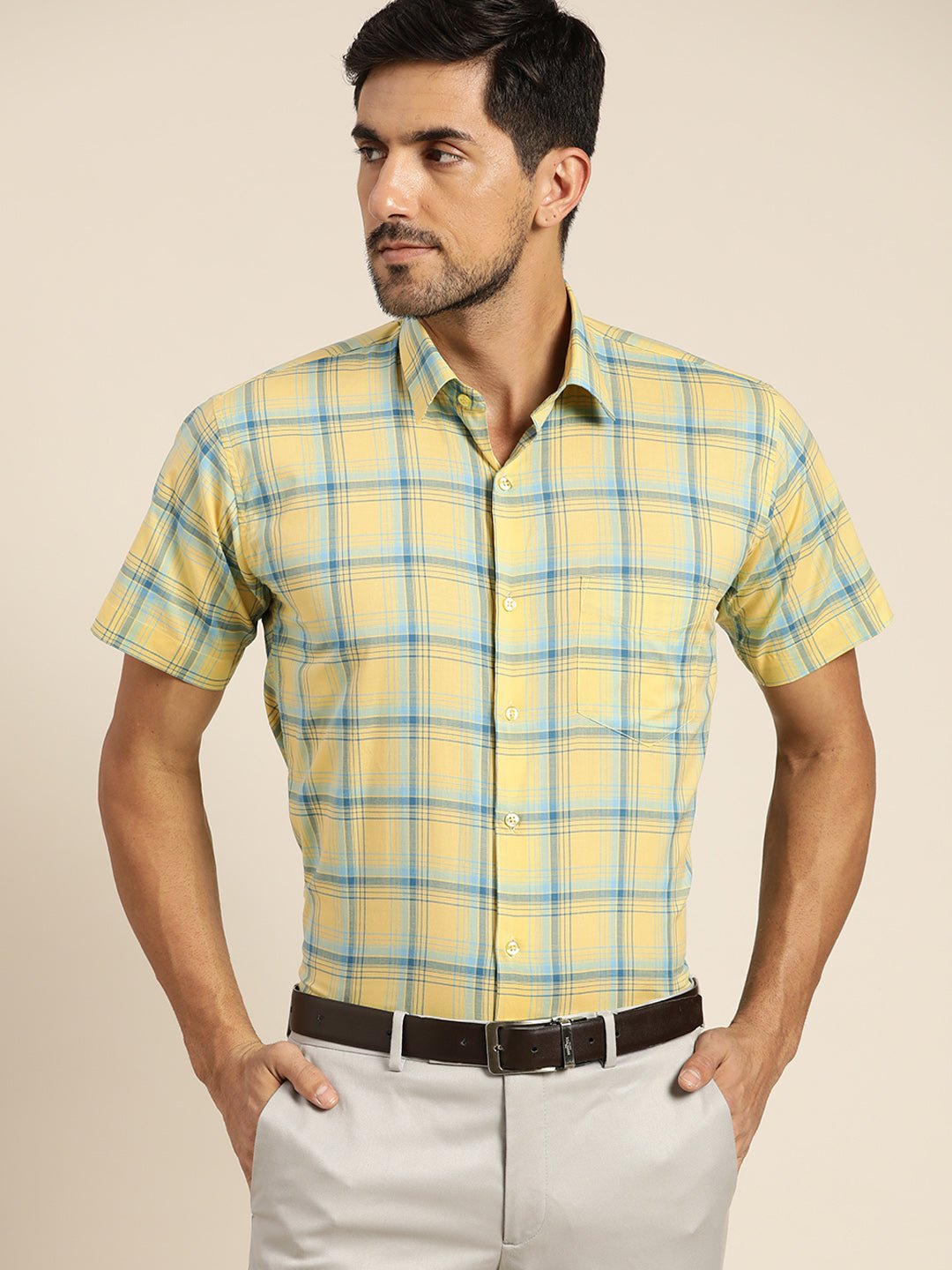 Men Yellow & Blue Checked Pure Cotton Slim Fit Formal Shirt - #folk republic#
