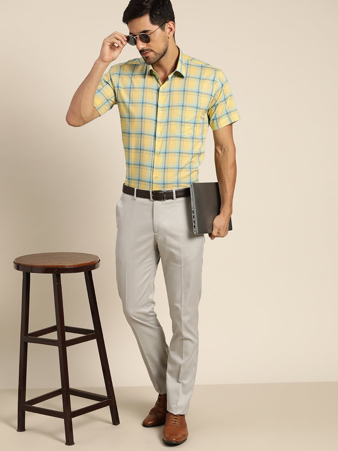 Men Yellow & Blue Checked Pure Cotton Slim Fit Formal Shirt - #folk republic#