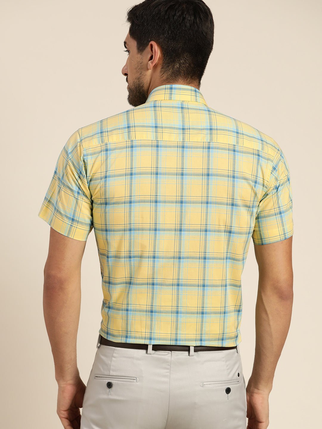 Men Yellow & Blue Checked Pure Cotton Slim Fit Formal Shirt - #folk republic#