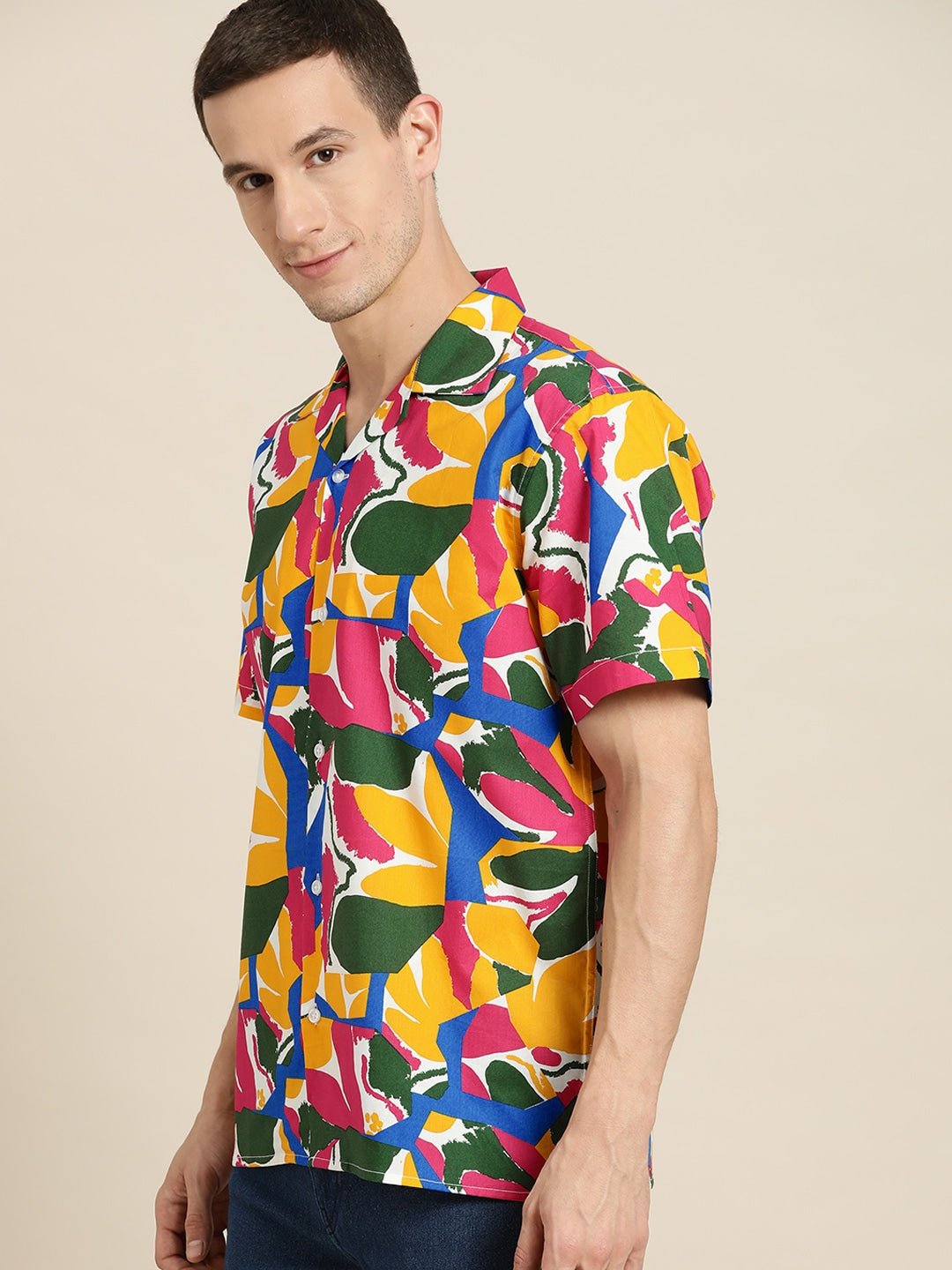 Men Yellow & Blue Prints Pure Cotton Relaxed Fit Resort shirt - #folk republic#