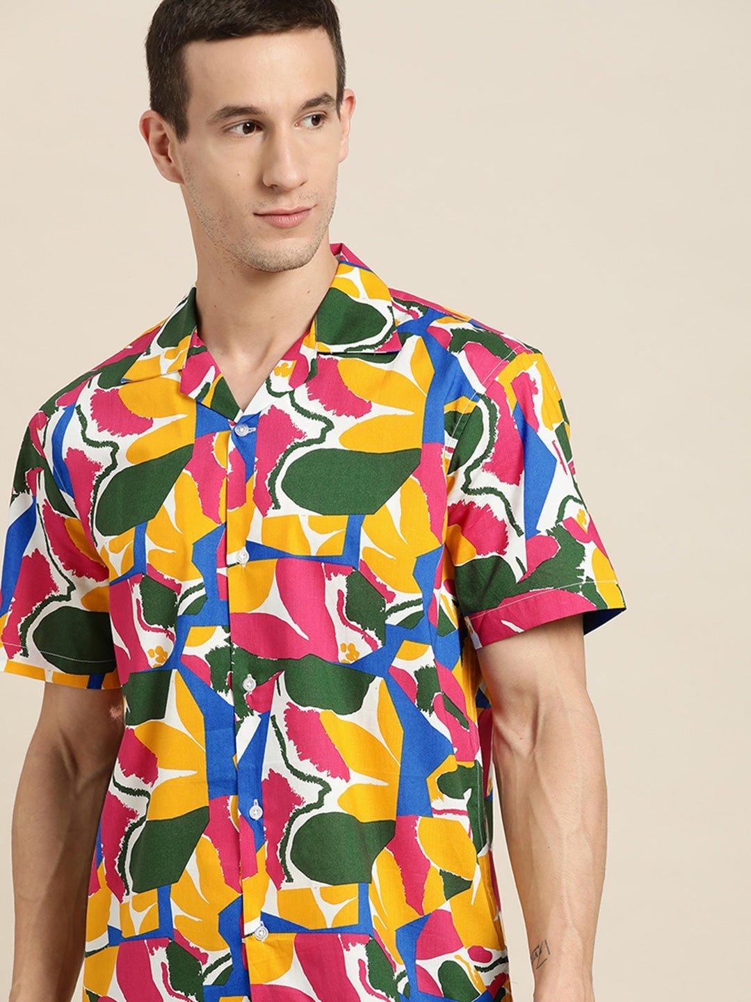 Men Yellow & Blue Prints Pure Cotton Relaxed Fit Resort shirt - #folk republic#