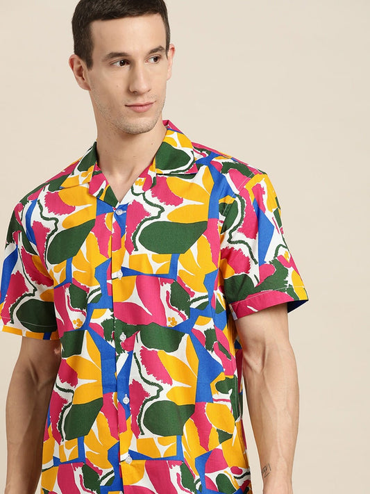 Men Yellow & Blue Prints Pure Cotton Relaxed Fit Resort shirt - #folk republic#