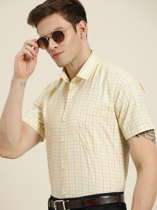Men Yellow Checks Cotton Rich Slim Fit Formal Shirt - #folk republic#
