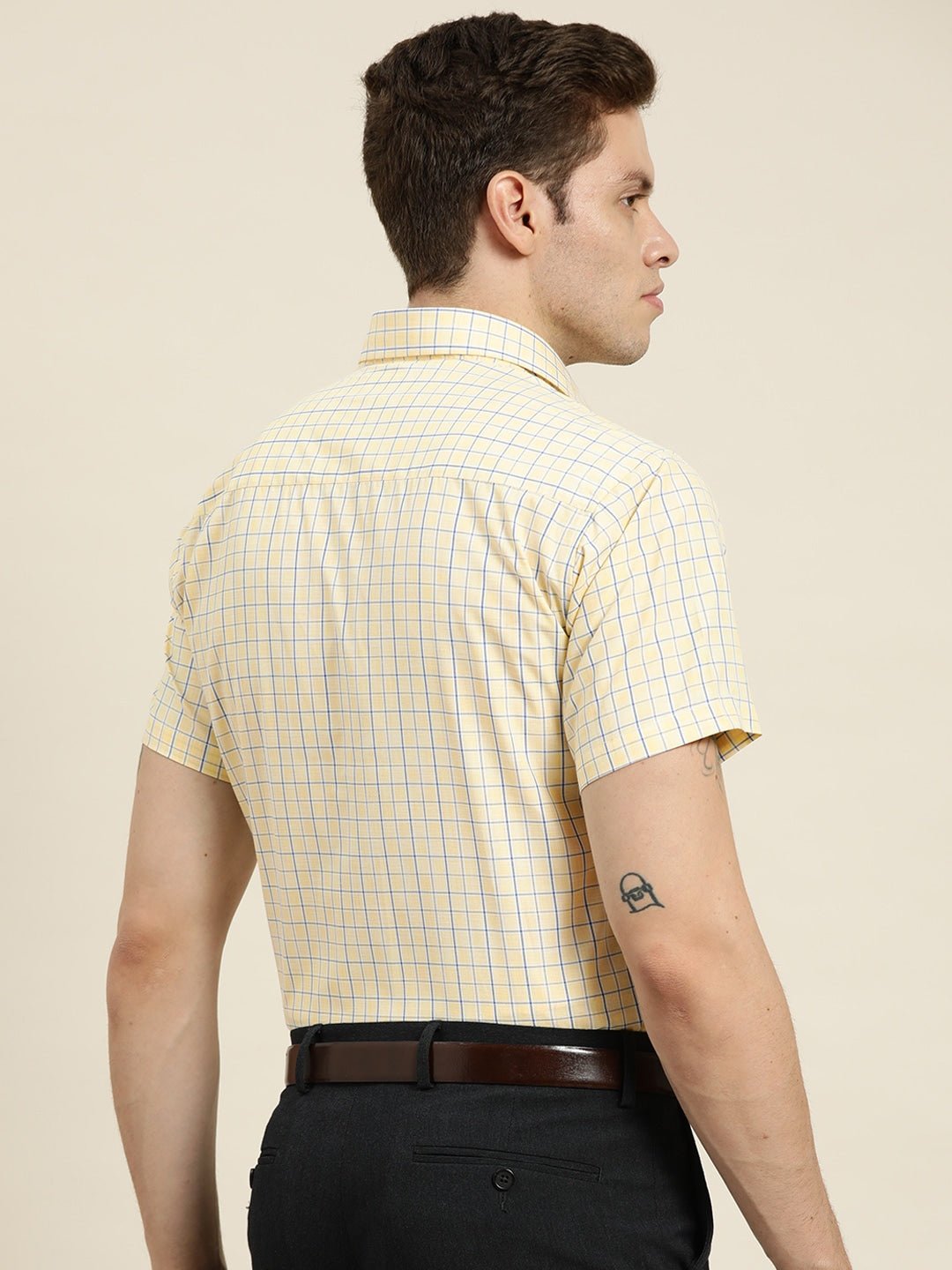 Men Yellow Checks Cotton Rich Slim Fit Formal Shirt - #folk republic#