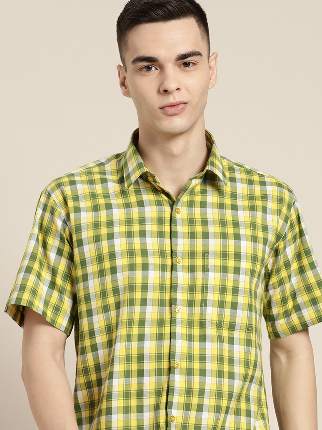 Men Yellow & Green Checks Pure Cotton Slim fit Casual Shirt - #folk republic#