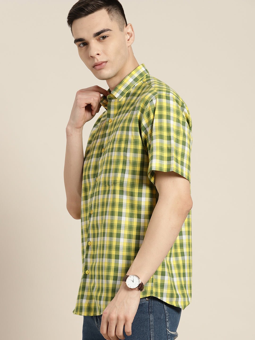 Men Yellow & Green Checks Pure Cotton Slim fit Casual Shirt - #folk republic#