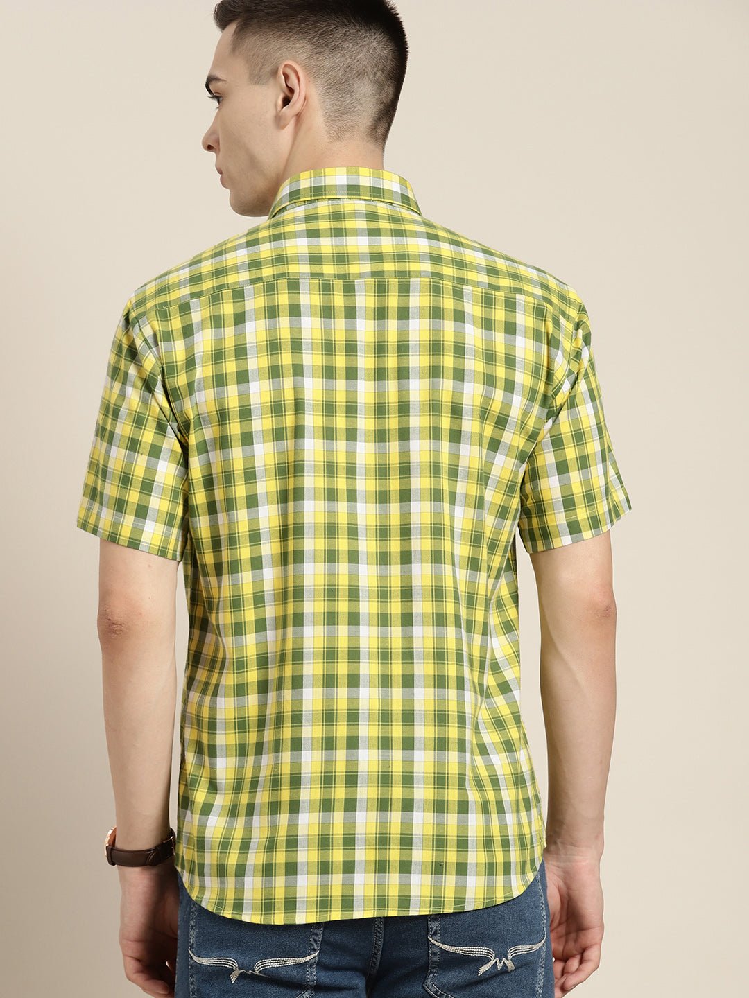 Men Yellow & Green Checks Pure Cotton Slim fit Casual Shirt - #folk republic#