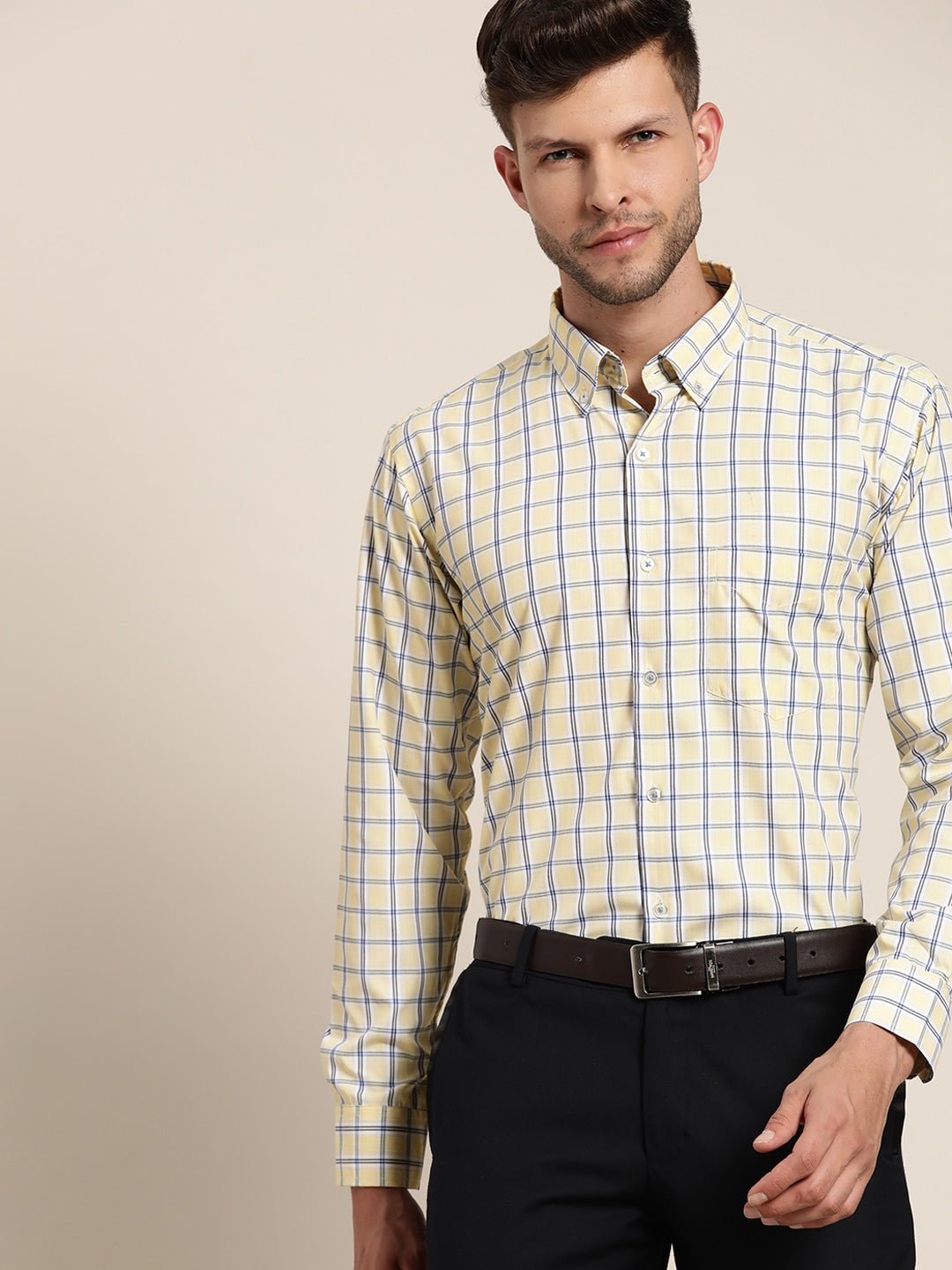 Men Yellow & Navy Checked Cotton Rich Slim Fit Formal Shirt - #folk republic#