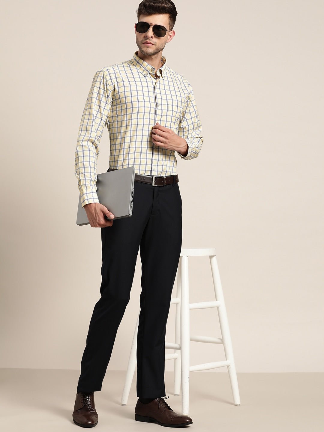 Men Yellow & Navy Checked Cotton Rich Slim Fit Formal Shirt - #folk republic#