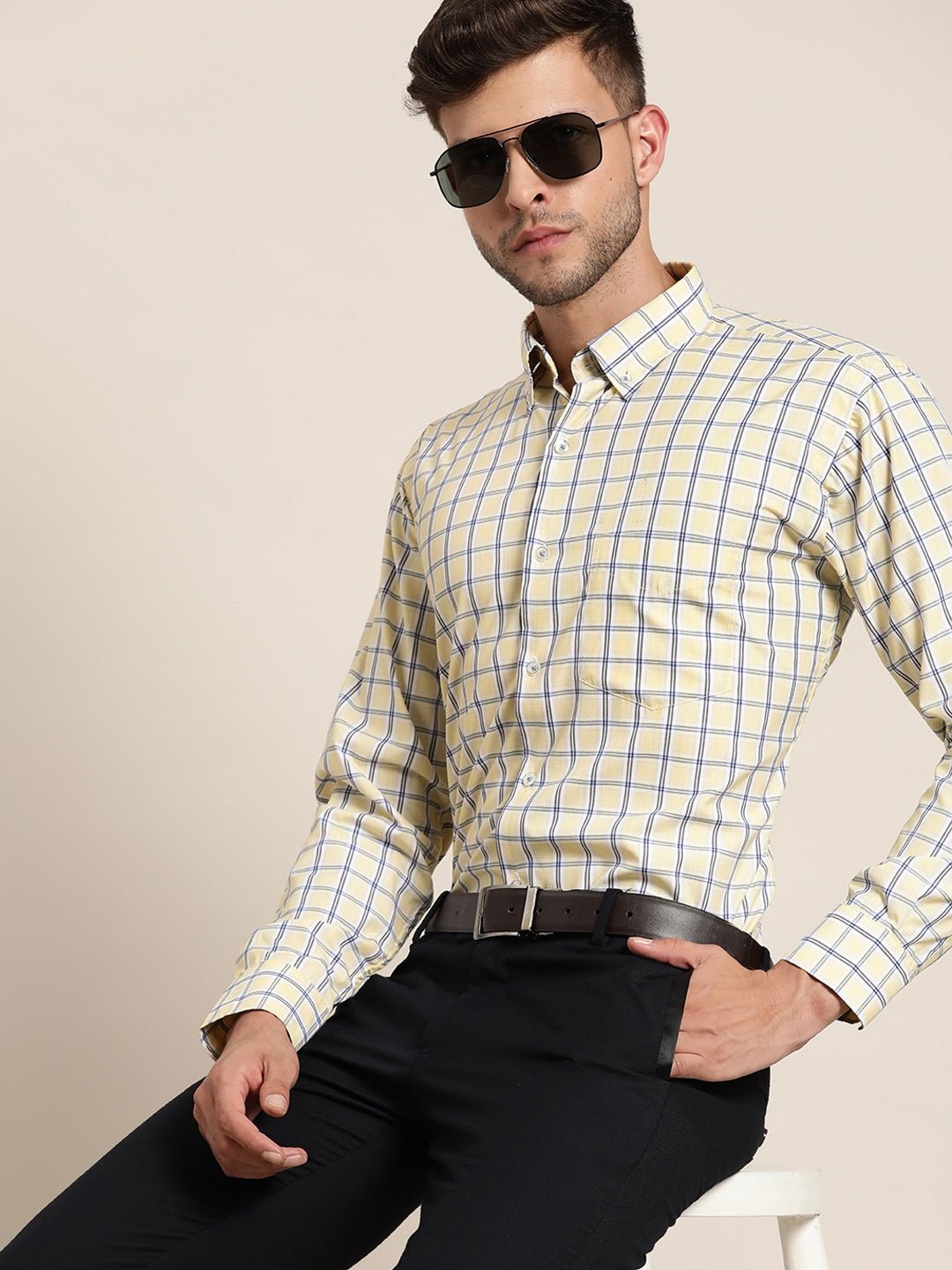 Men Yellow & Navy Checked Cotton Rich Slim Fit Formal Shirt - #folk republic#