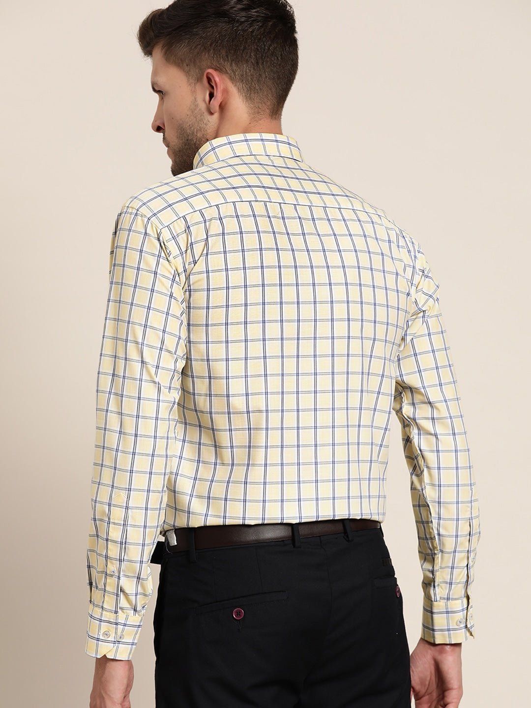 Men Yellow & Navy Checked Cotton Rich Slim Fit Formal Shirt - #folk republic#