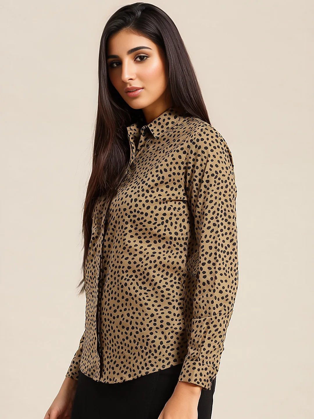 Women Beige & Black Leopard Printed Pure Cotton Slim Fit Formal Shirt - #folk republic#