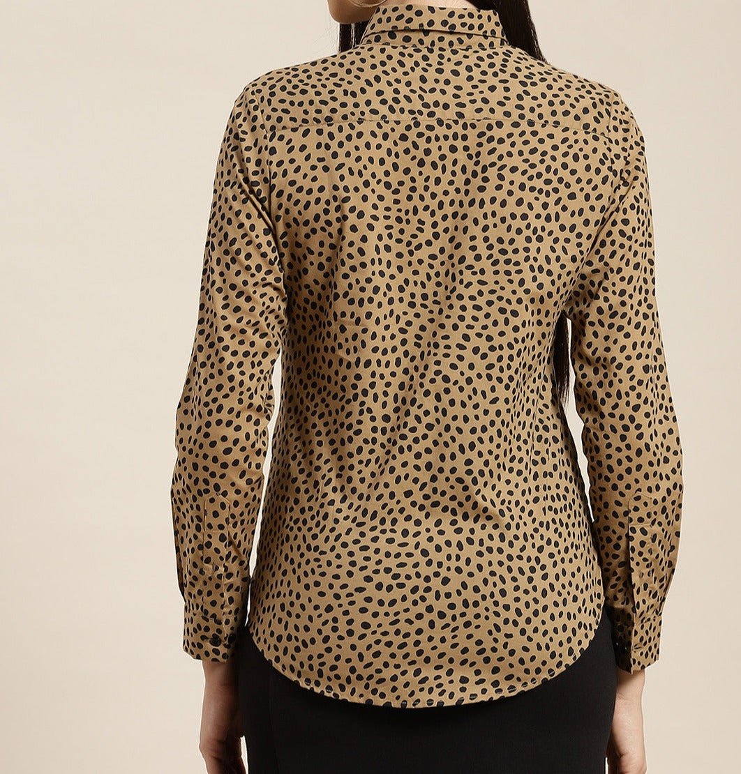 Women Beige & Black Leopard Printed Pure Cotton Slim Fit Formal Shirt - #folk republic#
