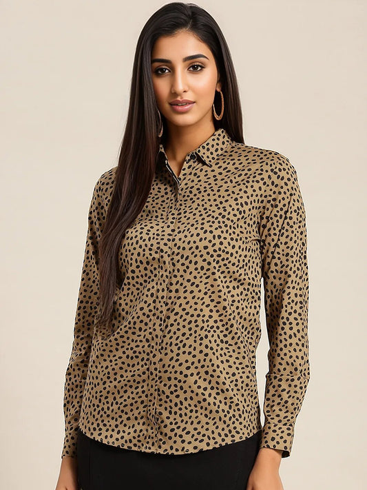 Women Beige & Black Leopard Printed Pure Cotton Slim Fit Formal Shirt - #folk republic#