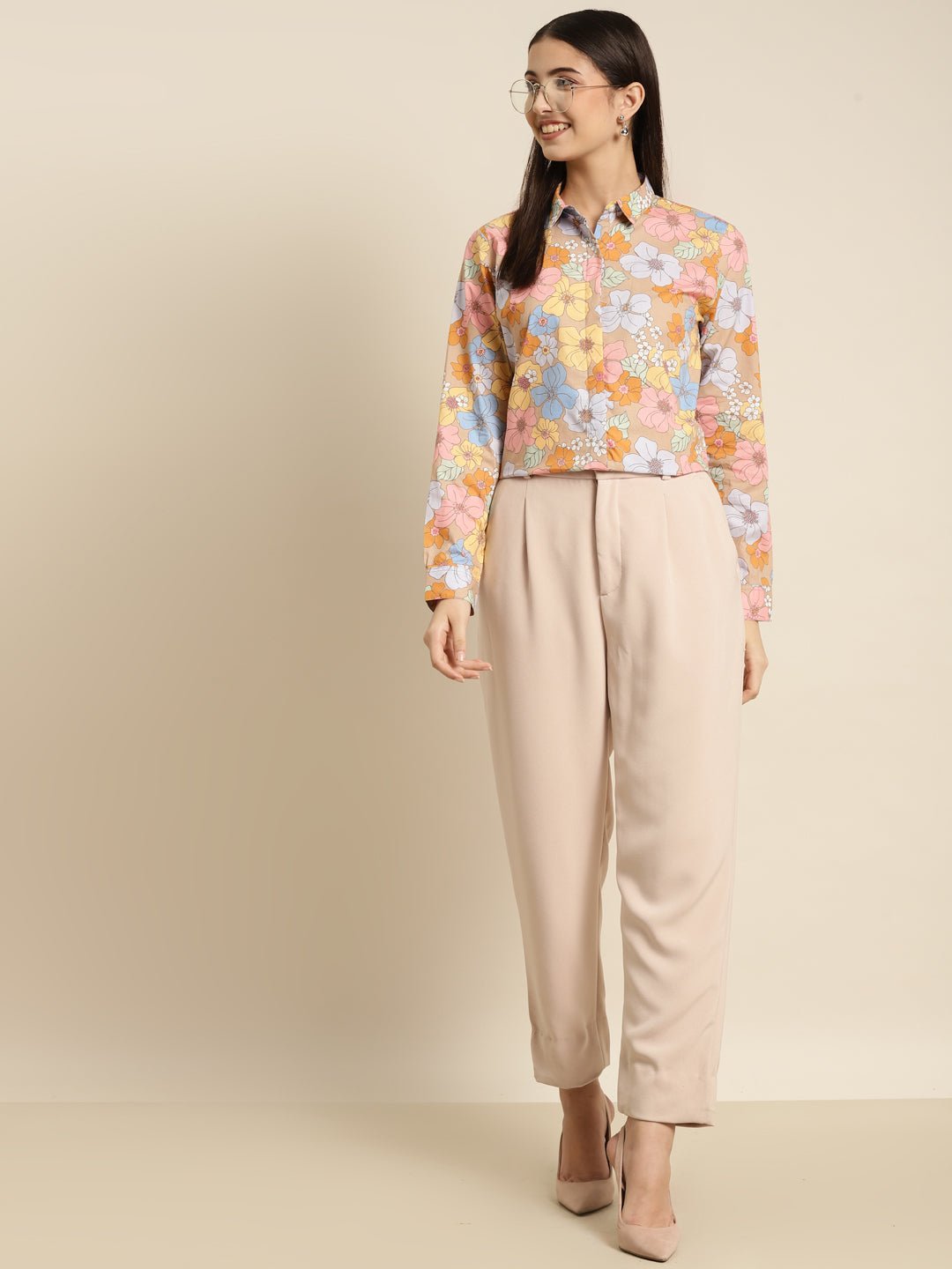 Women Beige & Pink Printed Pure Cotton Regular Fit Formal Shirt - #folk republic#