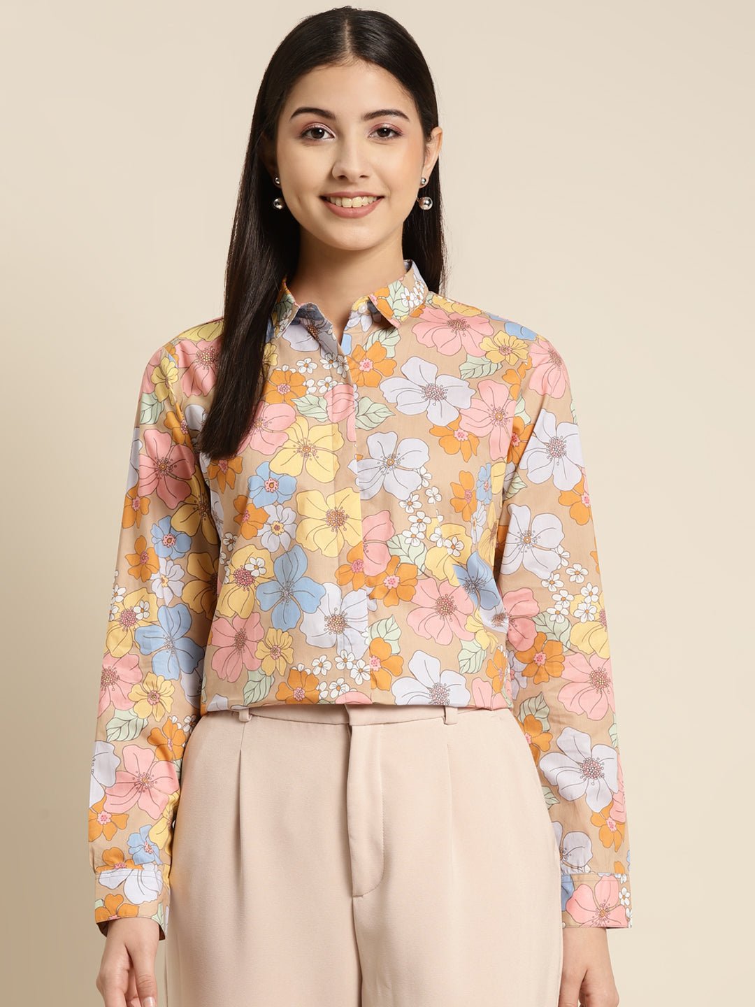 Women Beige & Pink Printed Pure Cotton Regular Fit Formal Shirt - #folk republic#