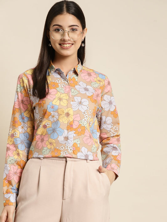 Women Beige & Pink Printed Pure Cotton Regular Fit Formal Shirt - #folk republic#
