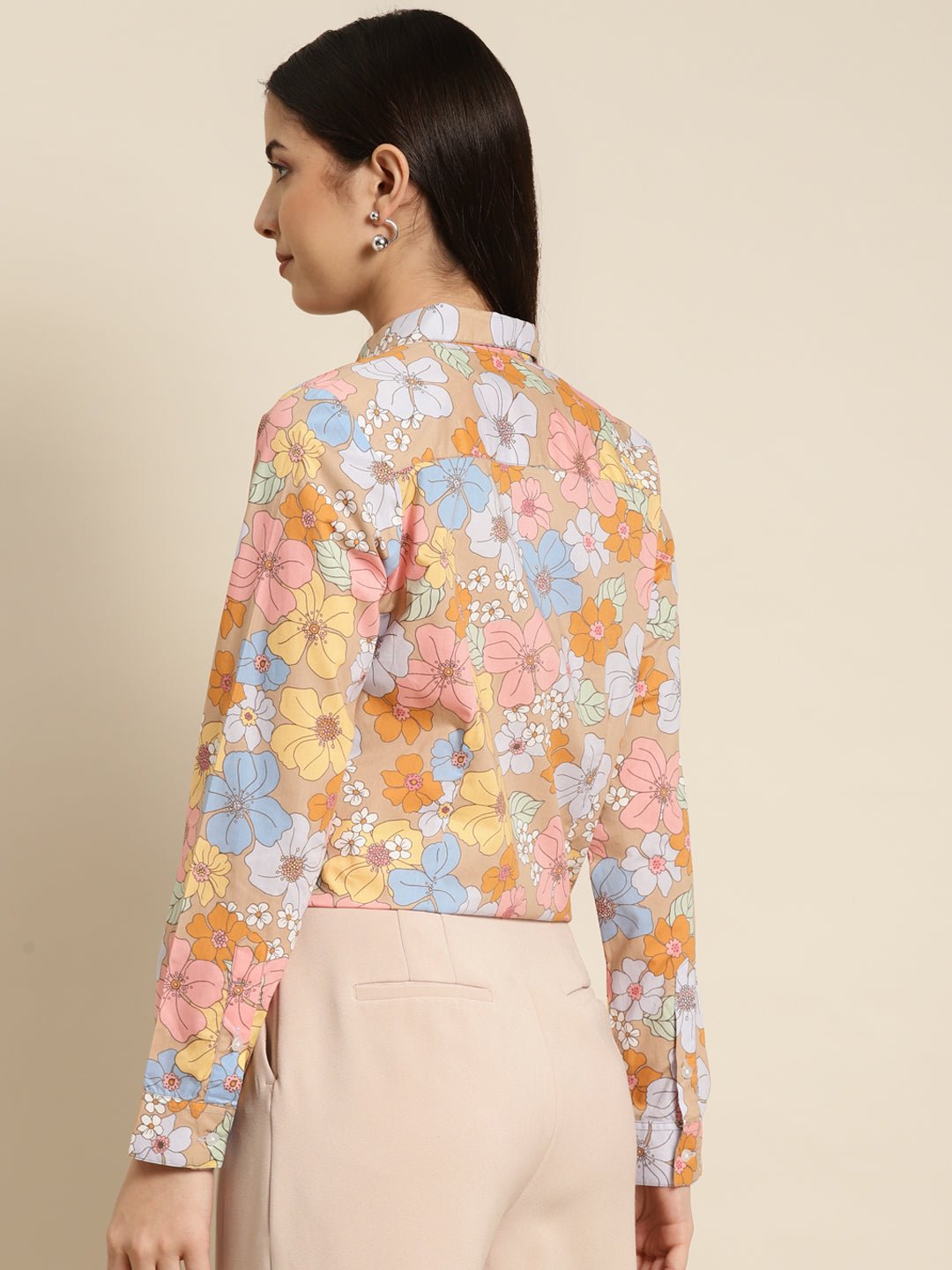 Women Beige & Pink Printed Pure Cotton Regular Fit Formal Shirt - #folk republic#