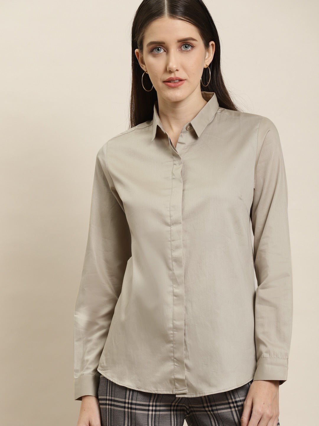 Women Beige Solid Pure Cotton Satin Slim Fit Formal Shirt - #folk republic#