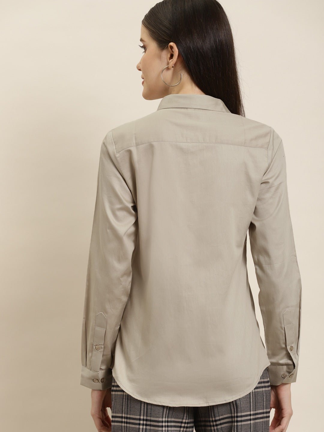 Women Beige Solid Pure Cotton Satin Slim Fit Formal Shirt - #folk republic#