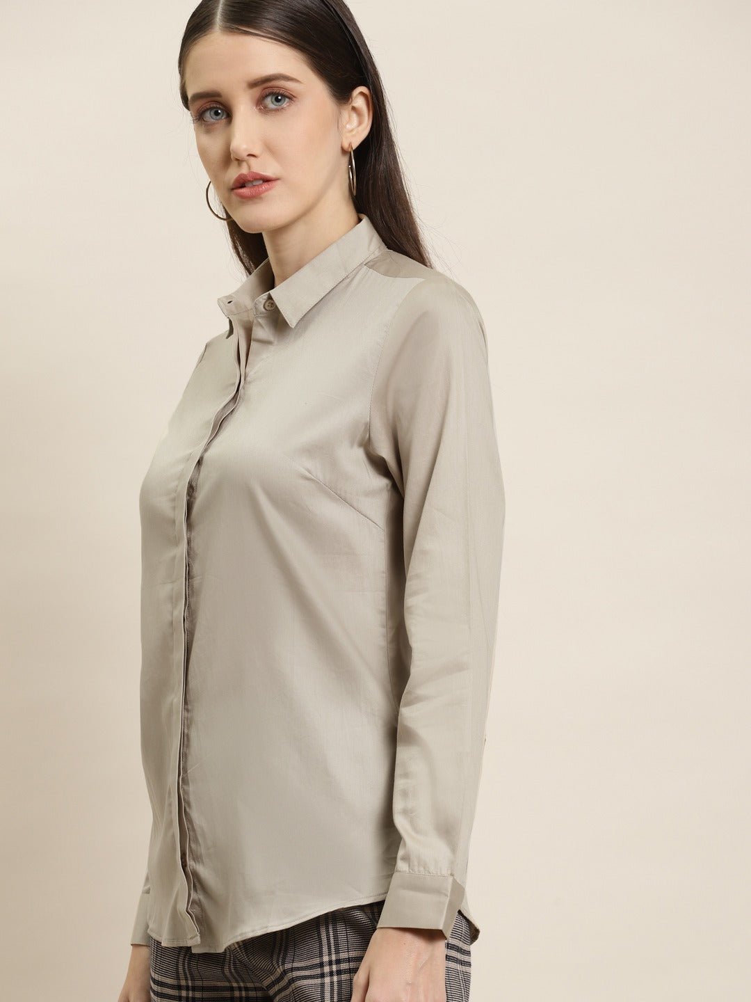 Women Beige Solid Pure Cotton Satin Slim Fit Formal Shirt - #folk republic#