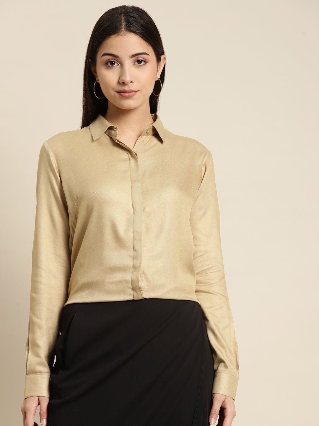Women Beige Solid Viscose Rayon Regular Fit Formal Shirt - #folk republic#