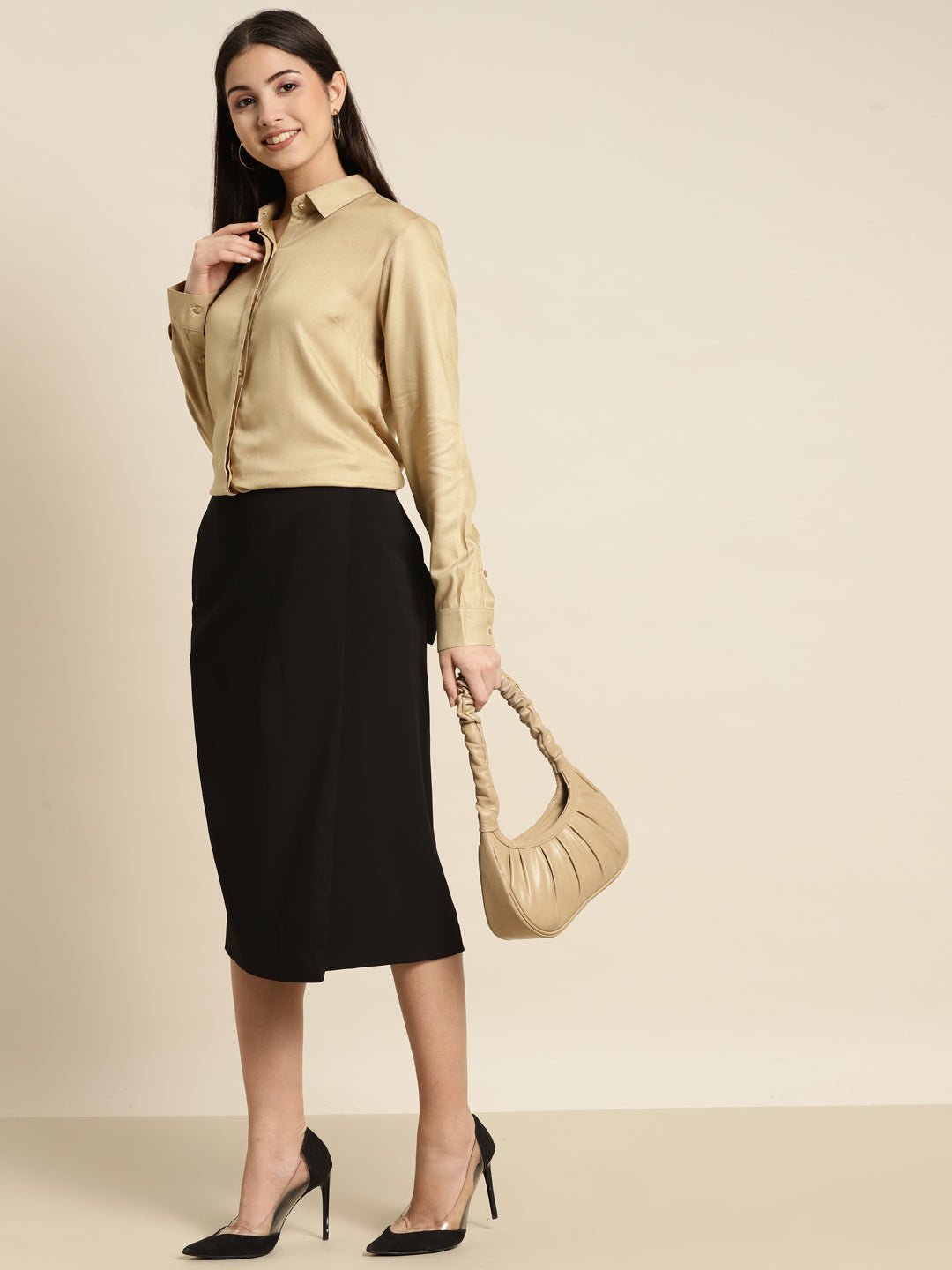 Women Beige Solid Viscose Rayon Regular Fit Formal Shirt - #folk republic#