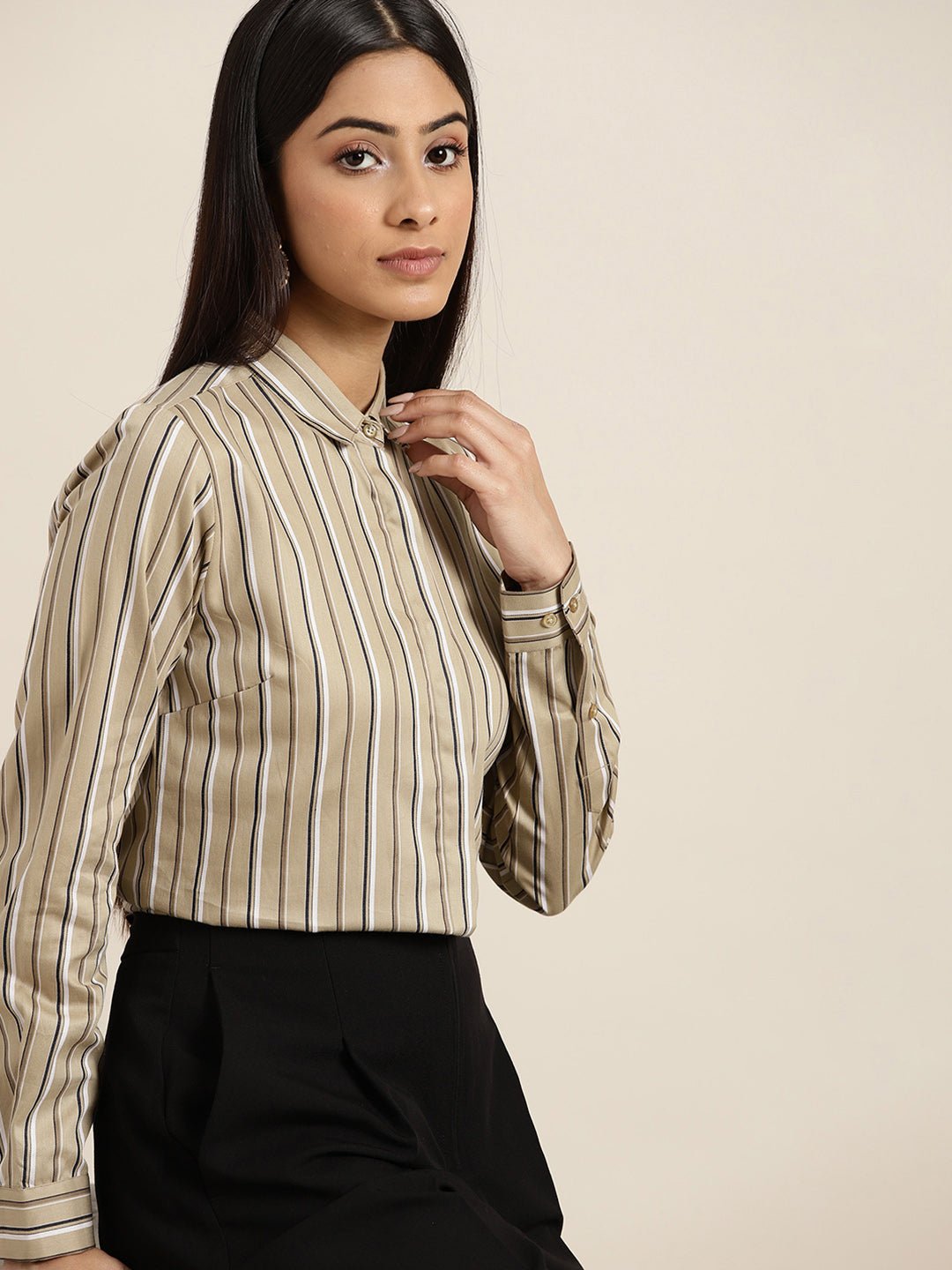 Women Beige Stripes Pure Cotton Slim Fit Formal Shirt - #folk republic#