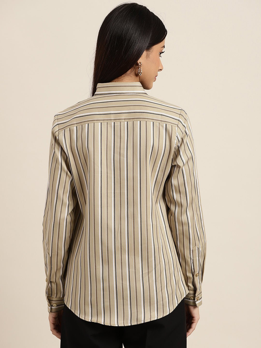Women Beige Stripes Pure Cotton Slim Fit Formal Shirt - #folk republic#