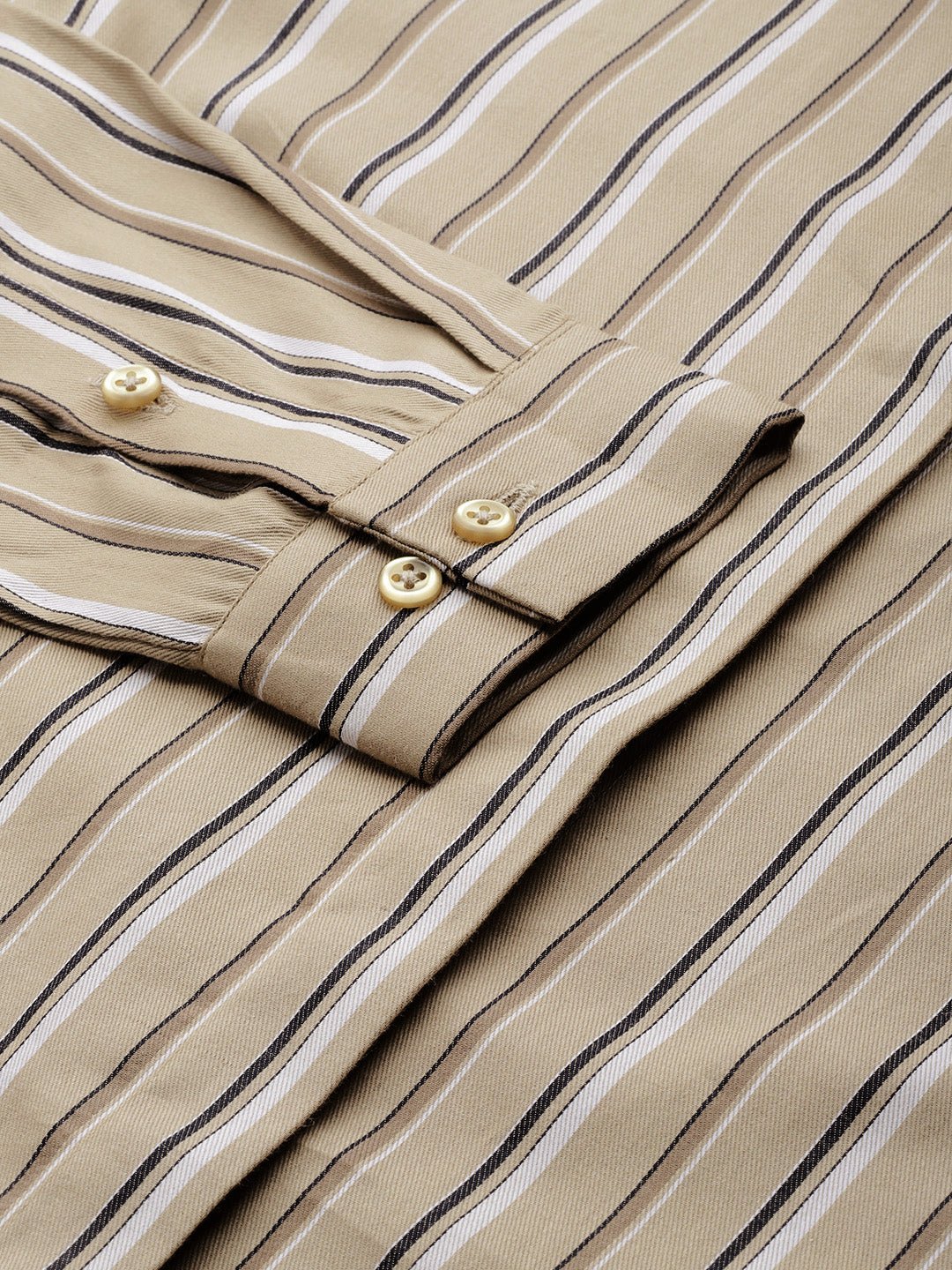 Women Beige Stripes Pure Cotton Slim Fit Formal Shirt - #folk republic#