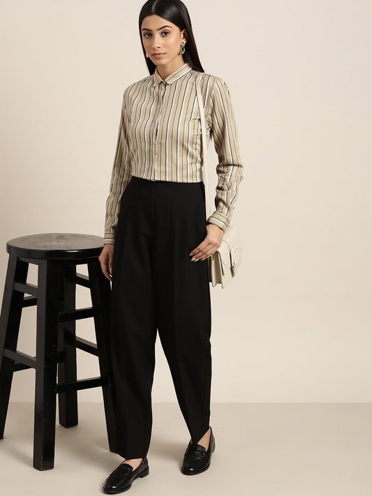 Women Beige Stripes Pure Cotton Slim Fit Formal Shirt - #folk republic#
