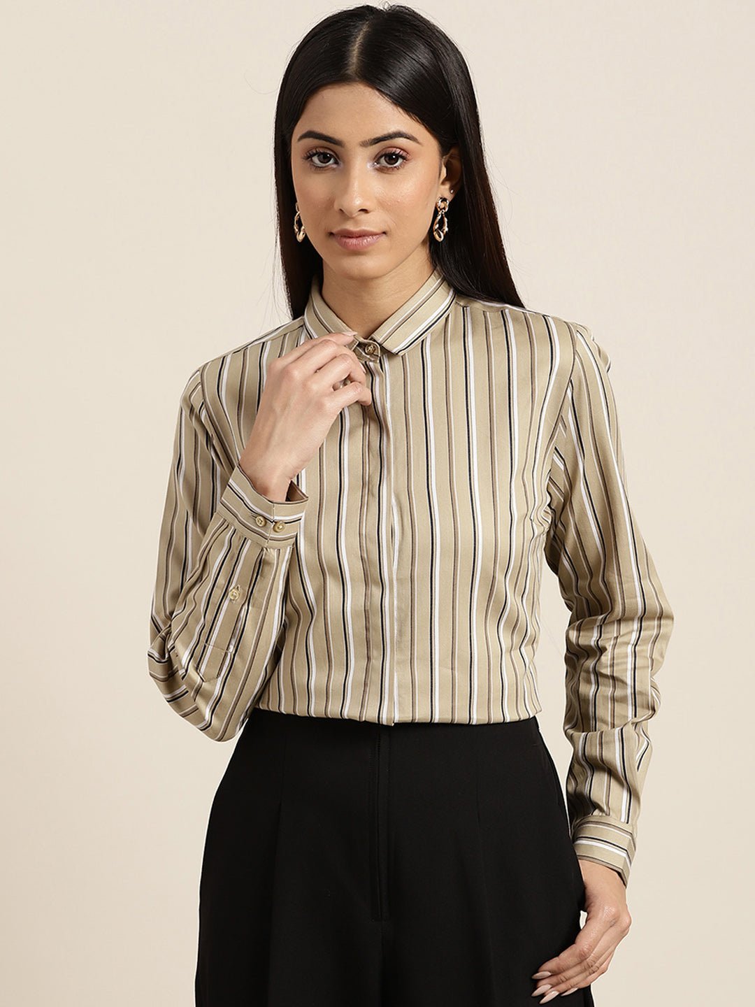 Women Beige Stripes Pure Cotton Slim Fit Formal Shirt - #folk republic#