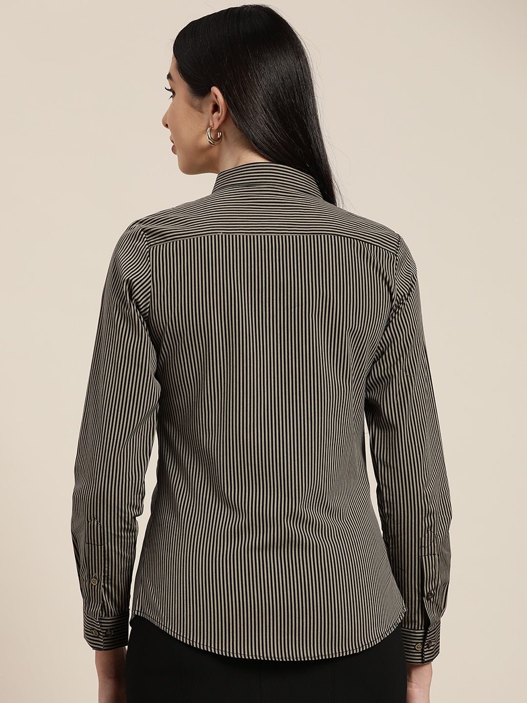Women Black & Brown Striped Pure Cotton Slim Fit Formal Shirt - #folk republic#