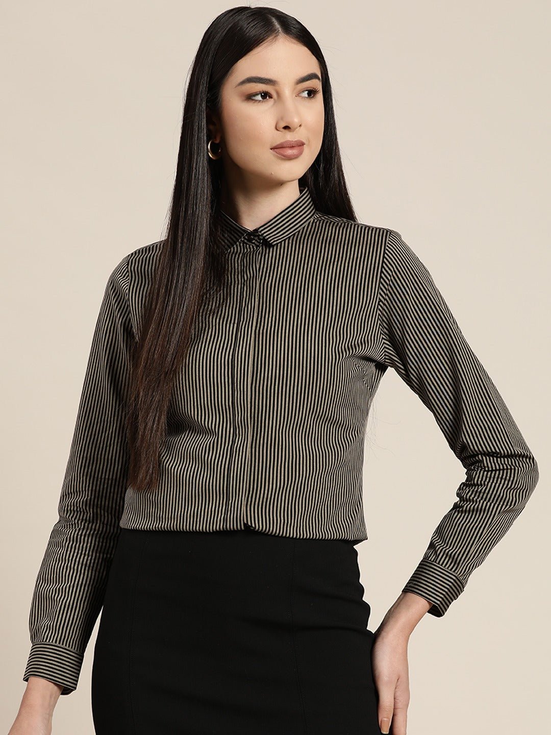Women Black & Brown Striped Pure Cotton Slim Fit Formal Shirt - #folk republic#