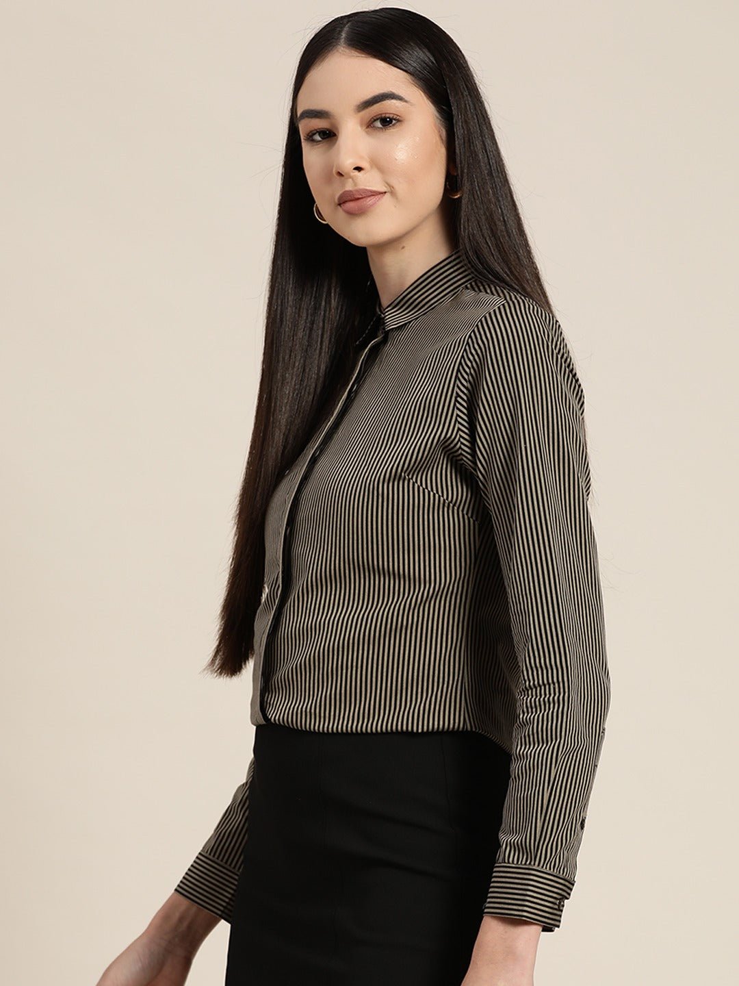 Women Black & Brown Striped Pure Cotton Slim Fit Formal Shirt - #folk republic#