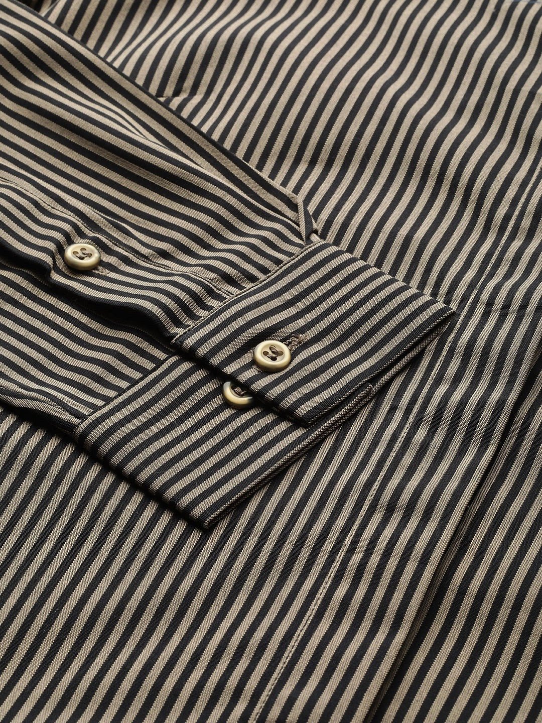 Women Black & Brown Striped Pure Cotton Slim Fit Formal Shirt - #folk republic#