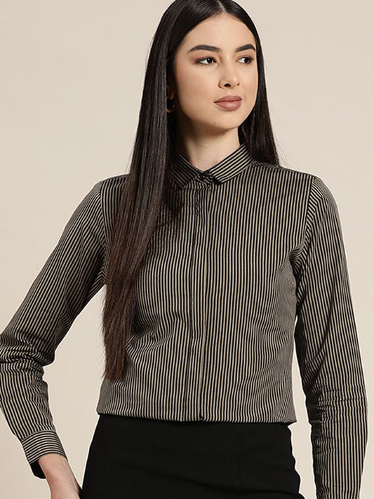 Women Black & Brown Striped Pure Cotton Slim Fit Formal Shirt - #folk republic#