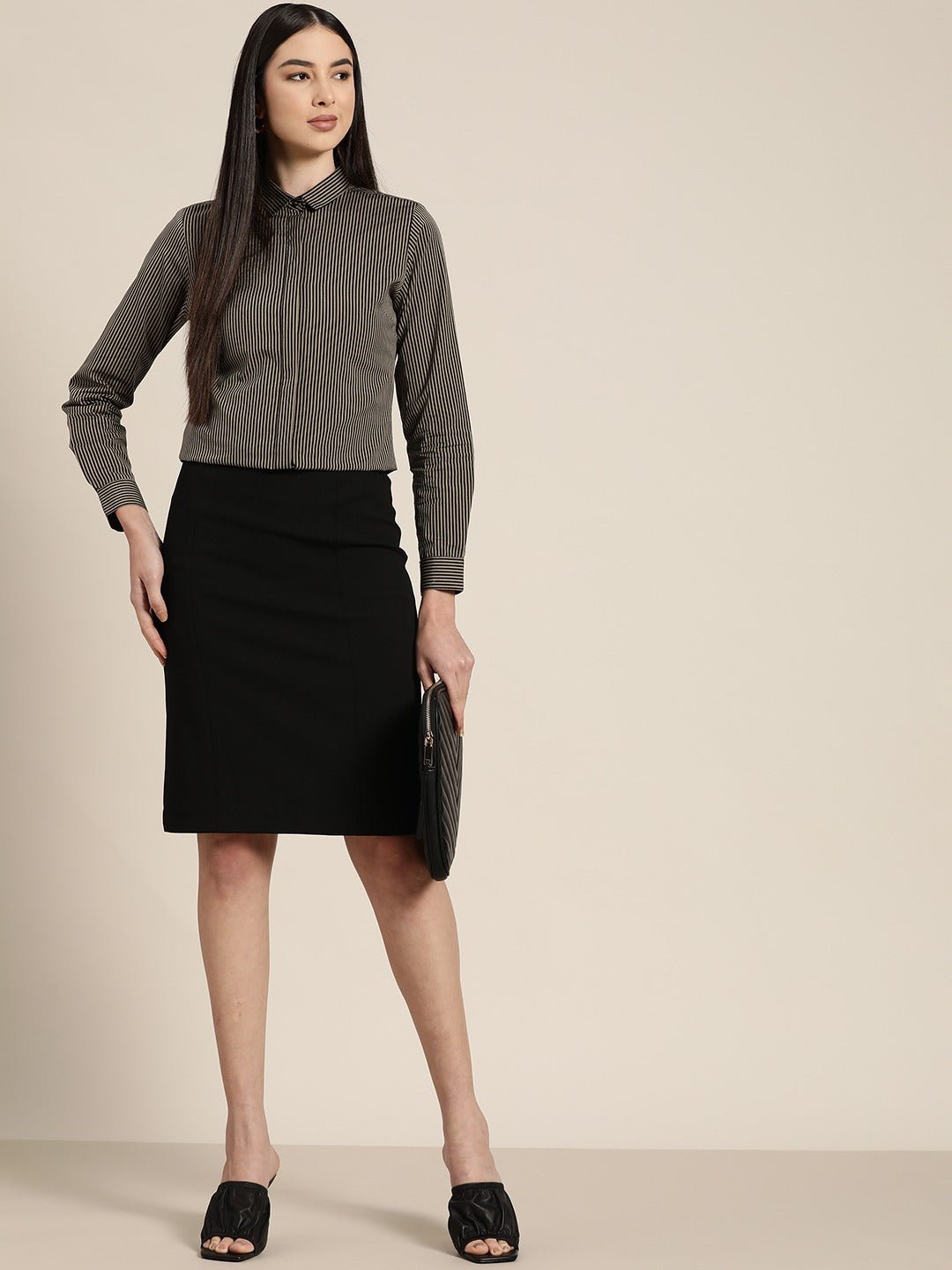 Women Black & Brown Striped Pure Cotton Slim Fit Formal Shirt - #folk republic#