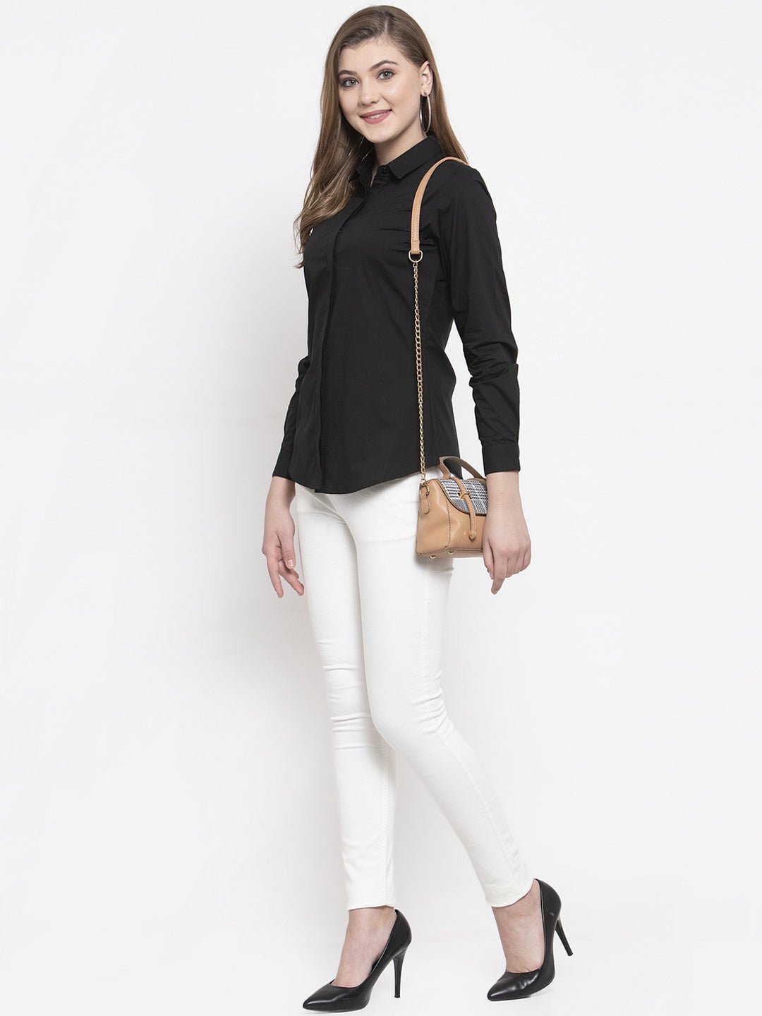 Women Black Cotton Solid Slim Fit Formal Shirt - #folk republic#