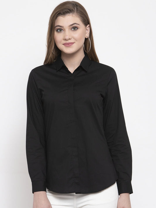 Women Black Cotton Solid Slim Fit Formal Shirt - #folk republic#