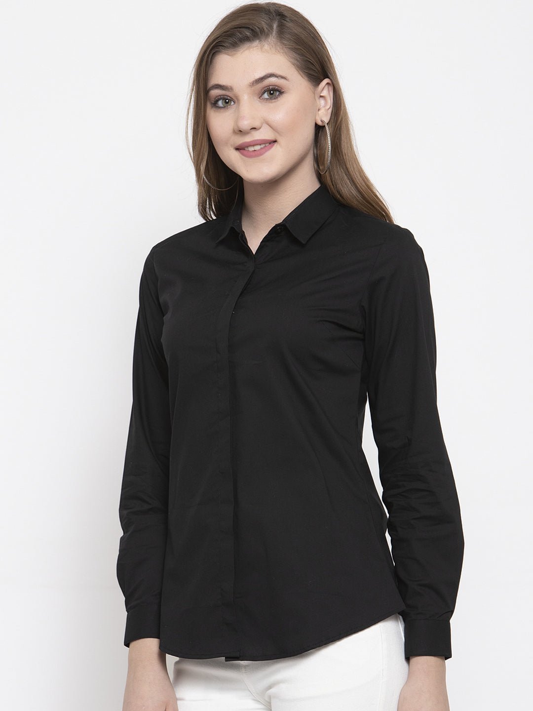 Women Black Cotton Solid Slim Fit Formal Shirt - #folk republic#