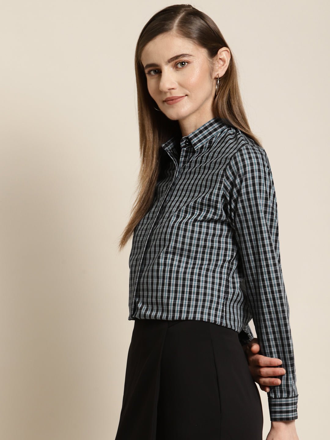Women Black & Grey Checked Pure Cotton Slim Fit Formal Shirt - #folk republic#
