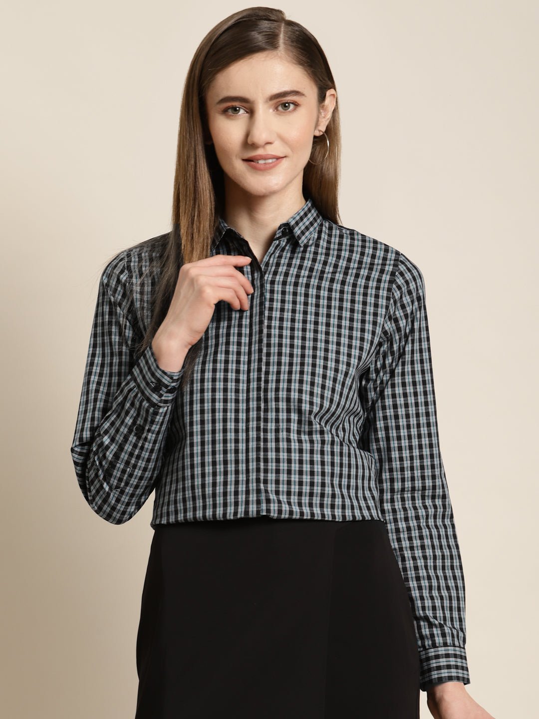 Women Black & Grey Checked Pure Cotton Slim Fit Formal Shirt - #folk republic#