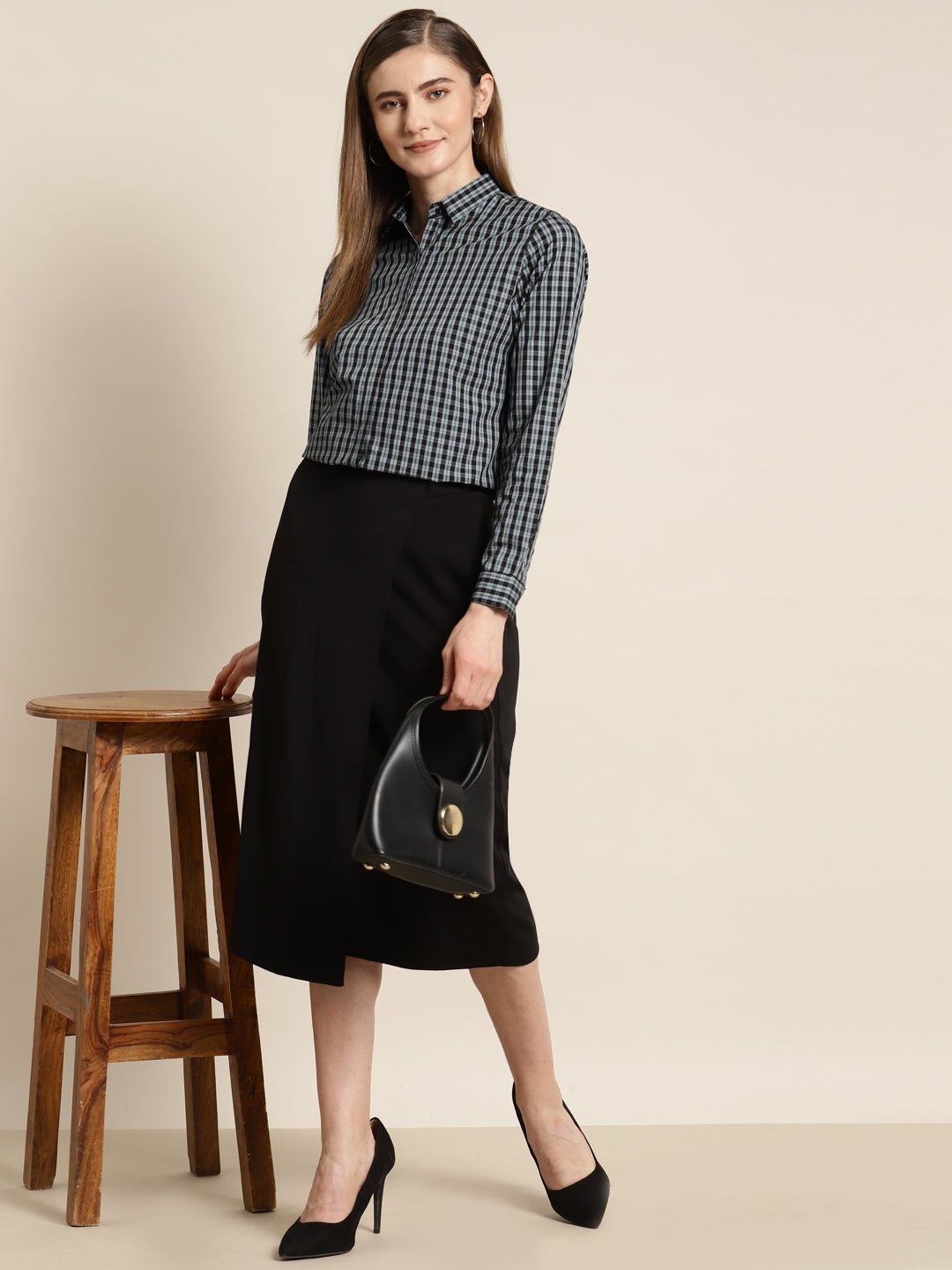 Women Black & Grey Checked Pure Cotton Slim Fit Formal Shirt - #folk republic#