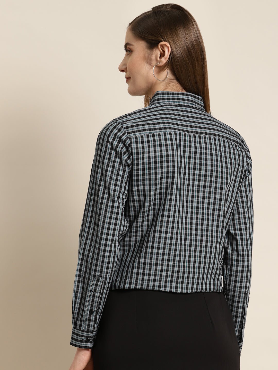 Women Black & Grey Checked Pure Cotton Slim Fit Formal Shirt - #folk republic#