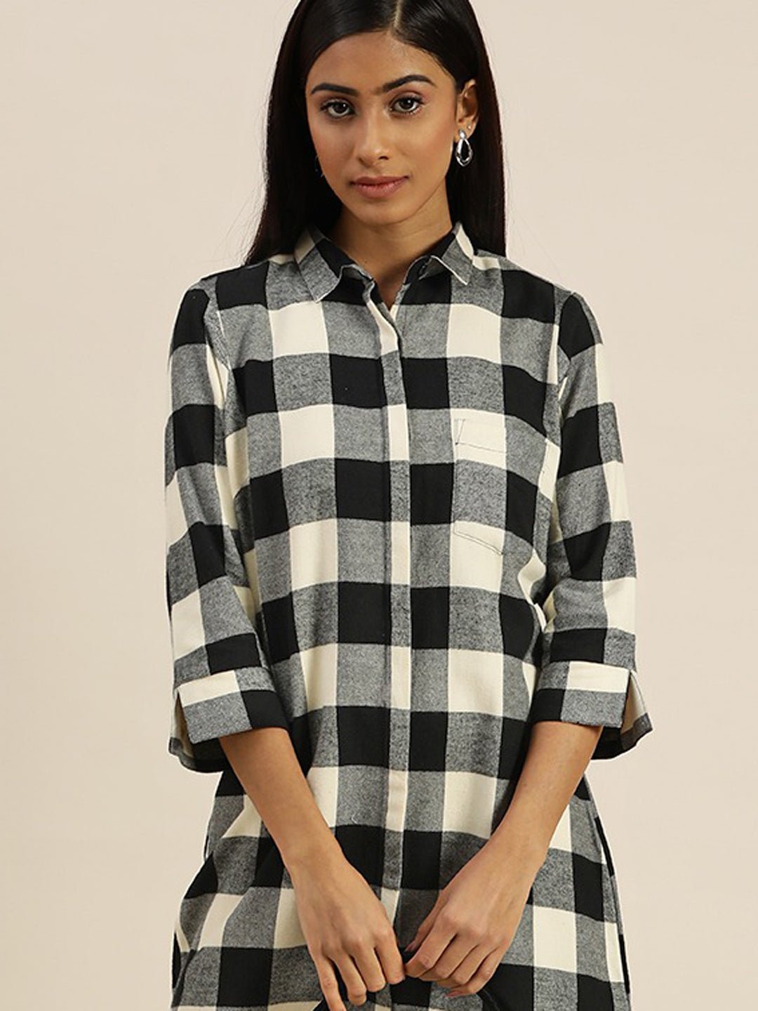 Women Black & Grey Checks Pure Cotton Regular Fit Button Down Shirt Dress - #folk republic#