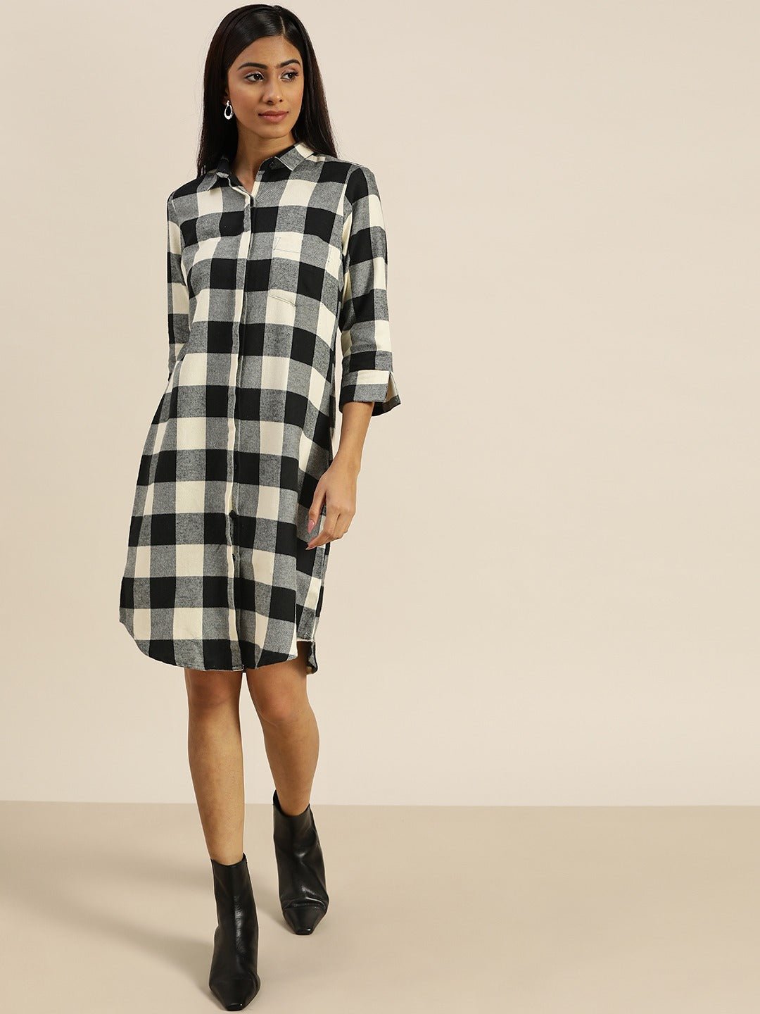 Women Black & Grey Checks Pure Cotton Regular Fit Button Down Shirt Dress - #folk republic#